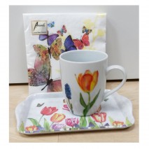 Ensemble mug, plateau et serviettes tulipes et papillons